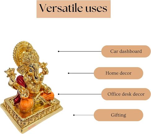 Gold Plated Lord Dagdusheth Ganesha Idol for Car Dashboard with Adhesive Sticker Base | Small Ganesh Murti for Home, Pooja Room Decor & Gifting - Resin (3.5 Inches) in Saudi Arabia