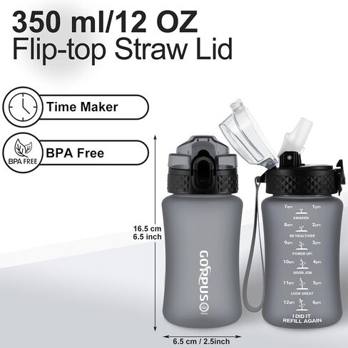 GOPPUS Kids Water Bottle with Straw Spout Lid 10pcs Stickers 12 oz Leak-proof BPA Free Motivational Time Marker Tritan Plastic Water Bottles for Girls Boys School Sports in Saudi Arabia