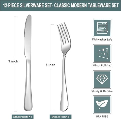 Stainless Steel 12PCS Dinner Set combo with 4 Dinner Knives, 4 Dinner Forks, 4 Dinner Spoons，Silverware Set for Home, Kitchen and Restaurant, Mirror Polished& Dishwasher Safe in Saudi Arabia