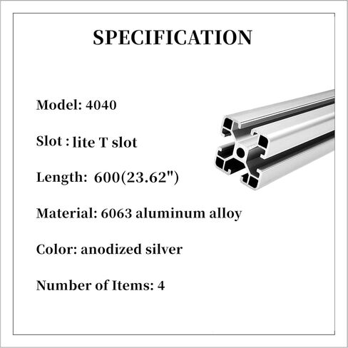 BELLA BAYS 4pcs 23.62 inch 600mm 4040 T Slot Aluminum Extrusion Profile European Standard Anodized Silver Extruded Linear Rail Guide Frame for 3D Printer Laser Engraving Machine CNC Workbench DIY in Kuwait