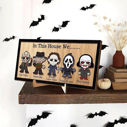 QYN In This House We Horror Sign Halloween ديكور غرفة الرعب الهالوين ديكور المنزل، قطعتان حامل ومعلق (11.8 × 5.8 بوصة) in Saudi Arabia