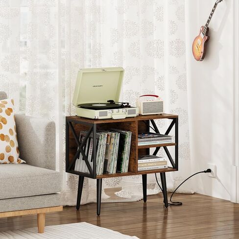 خزانة حامل مشغل التسجيل YINMIT، حامل القرص الدوار مع محطة شحن ومنفذ USB، طاولة مشغل التسجيل مع تخزين الفينيل، تحمل ما يصل إلى 200 ألبوم، طاولة عرض التسجيل للألبومات والكتب والمجلات in Kuwait