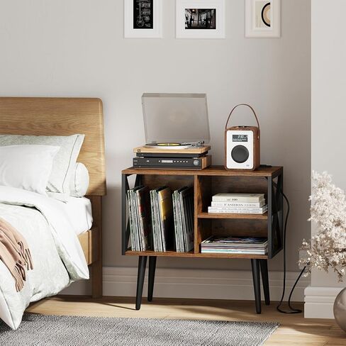 خزانة حامل مشغل التسجيل YINMIT، حامل القرص الدوار مع محطة شحن ومنفذ USB، طاولة مشغل التسجيل مع تخزين الفينيل، تحمل ما يصل إلى 200 ألبوم، طاولة عرض التسجيل للألبومات والكتب والمجلات in Kuwait