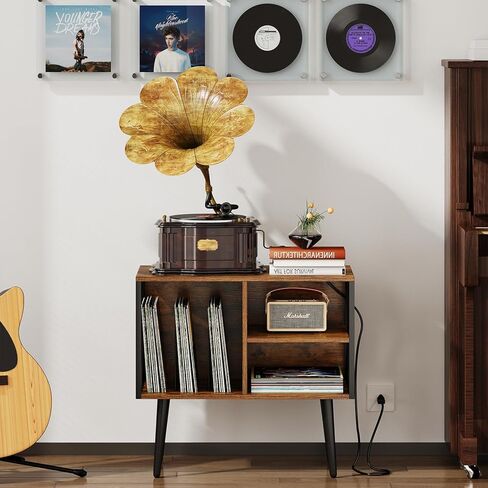 خزانة حامل مشغل التسجيل YINMIT، حامل القرص الدوار مع محطة شحن ومنفذ USB، طاولة مشغل التسجيل مع تخزين الفينيل، تحمل ما يصل إلى 200 ألبوم، طاولة عرض التسجيل للألبومات والكتب والمجلات in Kuwait