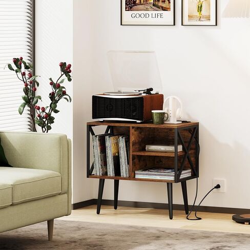 خزانة حامل مشغل التسجيل YINMIT، حامل القرص الدوار مع محطة شحن ومنفذ USB، طاولة مشغل التسجيل مع تخزين الفينيل، تحمل ما يصل إلى 200 ألبوم، طاولة عرض التسجيل للألبومات والكتب والمجلات in Kuwait