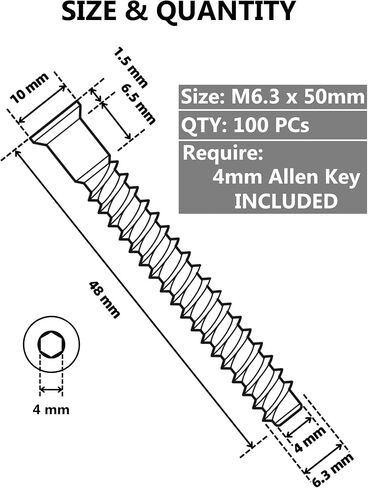 Confirmat Screws, 50 PCs M6.3 x 40mm, Hex Socket Drive Countersunk Self-Tapping Furniture Connecting Screw Set Carbon Steel Zinc Plated in Saudi Arabia