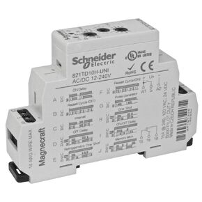 Schneider Electric/Magnecraft 821TD10H-UNI Timer; Multi-Function; 0.1s-10d; E-Mech; SPDT; 15A@240VAC/24VDC; Ctrl-V12-240; DIN Rail