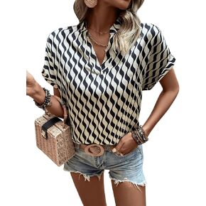 Floerns Women's Short Sleeve Business Casual Tops Graphic Print Office Work Blouse Tops Khaki B Small in Saudi Arabia