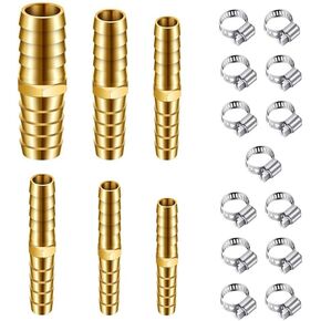 6PCS Brass Hose Barb Fitting 3/16 1/4 5/16 3/8 1/2 5/8 Air Hose Repair Kit, Mender/Splicer/Joiner, for Water/Air/Oil/Gas/Fuel, with 13PCS Stainless Steel Pipe Clamps, Barbed Hose Fittings