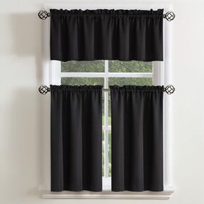 Curtainworks Solid Twill 3-Piece Kitchen Curtain Set, Rod Pocket, 29W x 36L Tier Pair, 58W x 12L Valance, Black