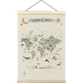 Tzhim Animal World Map Poster Hanger Frame, World Map for Kids, Educational Wall Hanging Decor for Nursey Playroom Classroom Home school Kids Room, Nature Wall Art Prints with Wood Frames, 12x16in