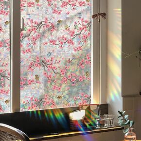 Runtoo Window Privacy Film Rainbow Cherry Blossom Flower Window Clings 3D Decorative Window Vinyl Stained Glass Butterfly Floral Decals Static Cling Window Sticker Non-Adhesive, 15.75 x 40 inches
