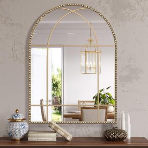 Arched Gold Antique Mirror, 24" x 36" Arch Window Mirror with Beaded Metal Frame, Vintage Gold Arch Mirror, Decorative Wall Mirror for Living Room Kitchen Bathroom Entryway