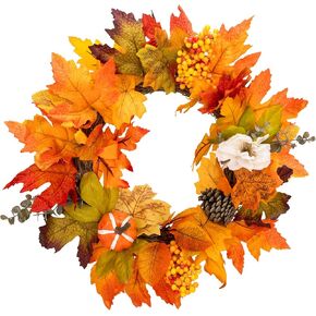 18" Fall Wreath Autumn Wreath Decorations Harvest Farmhouse Wreath with Maple Leaf Pumpkins Pinecones Berries Fall Wreath for Home, Wall, Porch,Suitable for Outside/Indoor, Holiday, Party(Yellow)