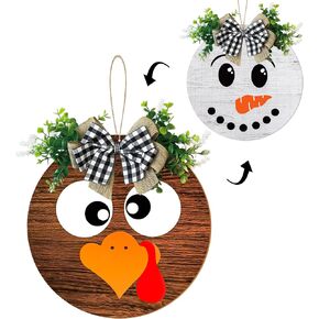 Thanksgiving/Winter Hanging Door Sign, Turkey/Snowman Reversible Door Wreath Hanging Decorations for Front Door Farmhouse Thanksgiving/Winter/Christmas Decorations Indoor Outdoor