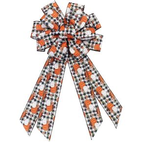 Large Fall Pumpkin Bow for Wreath, White Black Buffalo Plaid for Fall Thanksgiving Party Indoor Outdoor Door Wall Decoration Supplies