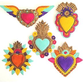 Mexican Tin Hearts 5 Pieces Art Wall Decor 6" Mexican Decorations Milagros Mexicanos Hand Painted Colorful Metal Charms Folk Art Sacred Craft Mexico Decorations -Handmade in Saudi Arabia