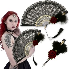 Black Lace Rose Feather Foldable Handheld Fan Gothic Retro Lace Folding Hand Fan with White Lotus Jade Tassel Vintage Bridal Hand Fan for Women Halloween Cosplay Costume Wedding Party Decoration