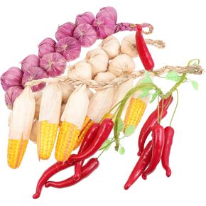 DOITOOL 4PCS Artificial Vegetables for Decoration Lifelike, Hanging Artificial Garlic Strings, Artificial Corn String with Artificial Peppers Simulation Vegetables for Decoration Photography Props