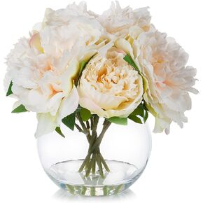 ENOVA FLORAL Artificial Peony Flower with Vase, Fake Flowers Arrangement in Vase, Artificial Flower with Vase, Faux Peony in Glass Vase for Home Office Kitchen Decor, Wedding (Cream)