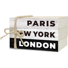 Decorative Books for Home Decor, Wood Book Stack for Table Decor, Paris New York London Decor Books for Living Room Bookshelf Office Coffee Bar, Farmhouse Stacked Books Decor (L04)