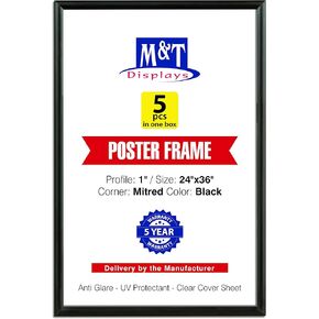 M&T Displays Snap Poster Frame 24x36 Inch Black 1" Aluminum Profile Front Loading Wall Mounting Photo Picture Document Certificate Sign Holder Mitered Corner Anti Glare Cover (5 pack)