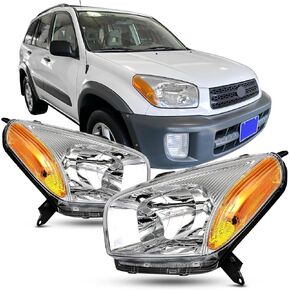 Headlight Assembly Compatible With 2001-2003 Toyota RAV4 Black W/Amber Headlamp Replacement Pair Set Driver & Passenger Side
