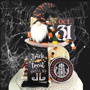 5 Pcs 2 Side Printed Halloween Tiered Tray Indoor Decoration Set Farmhouse Rustic Decor Including Halloween Gnomes Wooden Bead Garlands Happy Halloween Wooden Signs for Home Room Table Mantle Shelf