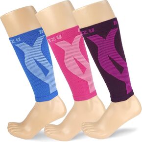 BLITZU 3 Pairs Calf Compression Sleeves for Women and Men Size L-XL, One Blue, One Pink, One Purple Calf Sleeve, Leg Compression Sleeve for Calf Pain and Shin Splints. Footless Compression Socks.