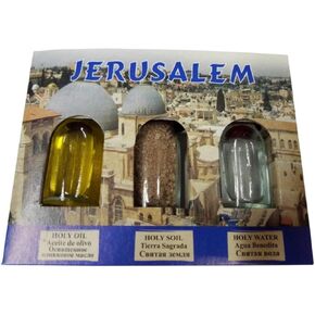 Bethlehem Gifts TM 3 in 1 Holy Land Collection Holy Jordan River Water, Jerusalem Soil, Bethlehem Olive Oil