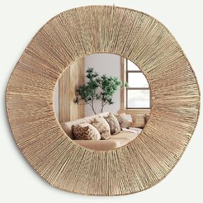 Coastal Boho Wavy Mirror with Natural Jute Metal Frame Farmhouse Wall Decor Bohemian Mirror for Bathroom or Bedroom Handwoven Bohemian Wall Decor 24 inches Length