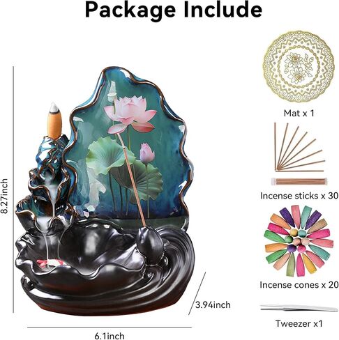 YYW حامل بخور بتدفق خلفي مع 20 مخروط بخور بتدفق خلفي + 30 عصا بخور، مبخرة شلال من السيراميك لديكور المنزل برائحة عطرية، حامل بخور بتدفق خلفي in Kuwait