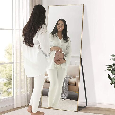 مرآة أرضية كاملة الطول من Elevens بإطار سميك من سبائك الألومنيوم مقاس 64 بوصة × 21 بوصة، مرآة مثبتة على الحائط لغرفة المعيشة وغرفة النوم - ذهبي in Kuwait