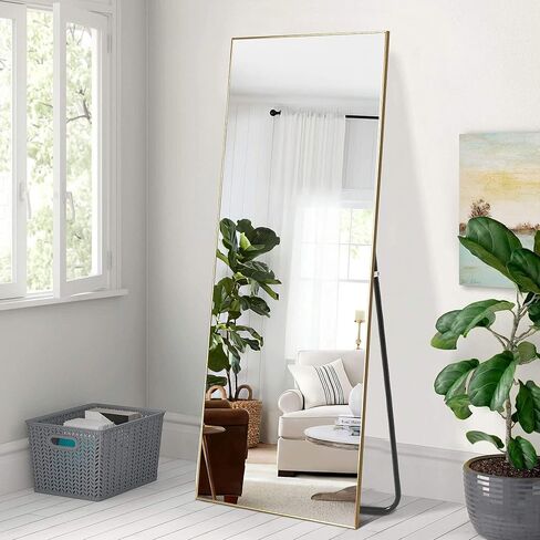 مرآة أرضية كاملة الطول من Elevens بإطار سميك من سبائك الألومنيوم مقاس 64 بوصة × 21 بوصة، مرآة مثبتة على الحائط لغرفة المعيشة وغرفة النوم - ذهبي in Kuwait