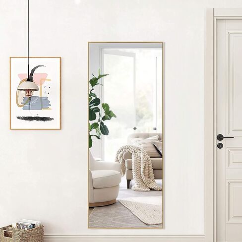 مرآة أرضية كاملة الطول من Elevens بإطار سميك من سبائك الألومنيوم مقاس 64 بوصة × 21 بوصة، مرآة مثبتة على الحائط لغرفة المعيشة وغرفة النوم - ذهبي in Kuwait