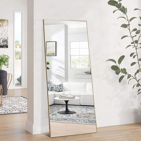مرآة أرضية كاملة الطول من Elevens بإطار سميك من سبائك الألومنيوم مقاس 64 بوصة × 21 بوصة، مرآة مثبتة على الحائط لغرفة المعيشة وغرفة النوم - ذهبي in Kuwait