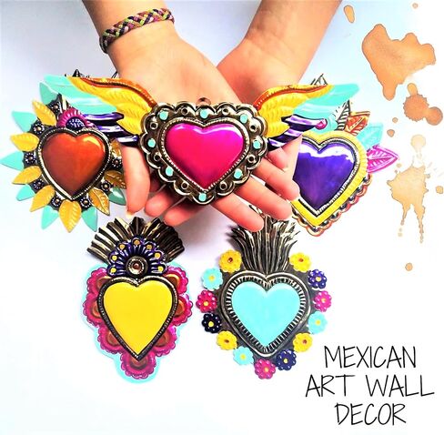 قلوب القصدير المكسيكية 5 قطع ديكور جداري فني 6 بوصات ديكورات مكسيكية Milagros Mexicanos مرسومة يدويًا سحر معدني ملون فن شعبي حرفة مقدسة ديكورات المكسيك - صناعة يدوية in Saudi Arabia
