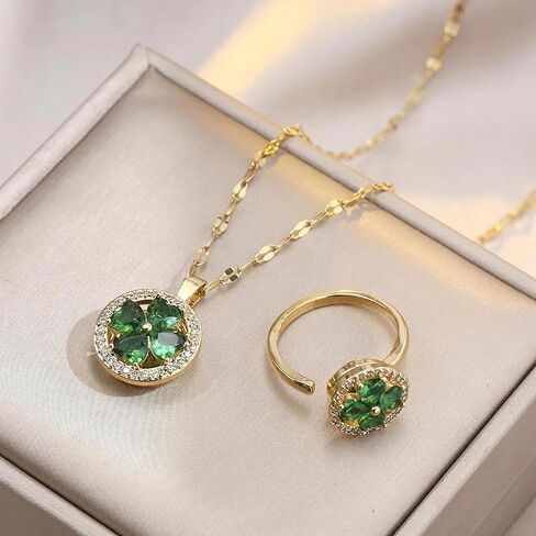 Fidget Anxiety Rings for Women Four-Leaf Clover Fidget Rings for Anxiety , Stainless Steel Anxiety Rings Fidget Necklace Fidget Jewelry Set for Anxiety Women in Saudi Arabia