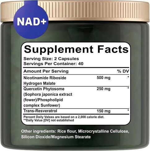 NAD+ Supplement - Liposomal Nicotinamide Riboside, NAD Supplement, NAD with Resveratrol Supplement, Resveratrol 900mg, Resveratrol, Quercetin, Energy, Focus - 80 Capsules in Saudi Arabia