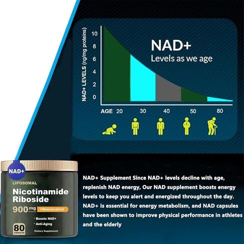NAD+ Supplement - Liposomal Nicotinamide Riboside, NAD Supplement, NAD with Resveratrol Supplement, Resveratrol 900mg, Resveratrol, Quercetin, Energy, Focus - 80 Capsules in Saudi Arabia