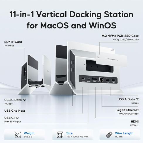 محطة إرساء MacBook عمودية، محطة إرساء PULWTOP لجهاز Mac Mini مع حافظة M.2 NVMe لجهاز MacBook Pro/Air، 4K@60 هرتز HDMI، 2USB C 10 جيجابت في الثانية، SD/TF، ​​100W PD، RJ45، 2 USB A، صوت لأجهزة الكمبيوتر المحمولة التي تعمل بنظام Windows in Kuwait