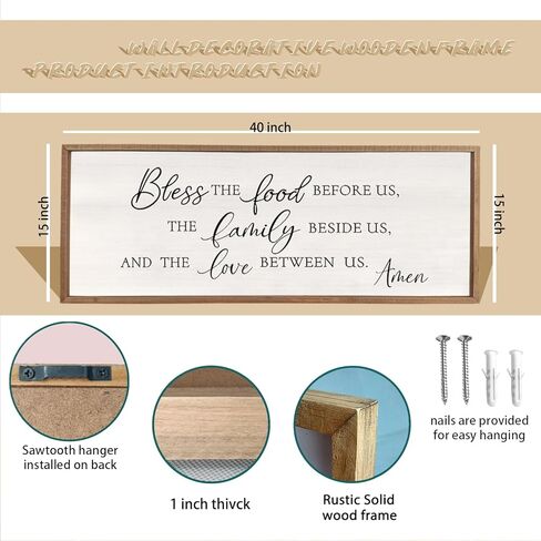 Bless the Food Before Us Wall Decor Sign 40" X 15" Home Dining Room Wall Decor Framed Wood for Large Farmhouse Vintage Country Kitchen Living Room Wall Hanging Art (Wood) in Kuwait