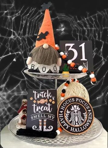 5 Pcs 2 Side Printed Halloween Tiered Tray Indoor Decoration Set Farmhouse Rustic Decor Including Halloween Gnomes Wooden Bead Garlands Happy Halloween Wooden Signs for Home Room Table Mantle Shelf in Saudi Arabia