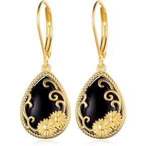 Black Onyx Sunflower Earrings 925 Sterling Silver Black Onyx Dangle Leverback Earrings Sunflower Jewelry Gifts for Women Girls