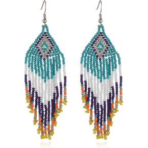 Bohemian Long Tassel Statement Beaded Drop Earring Colorful Handmade Boho Seeds Beads Fringe Dangle Earrings for Women Girl Ethnic Holiday Jewelry Gift