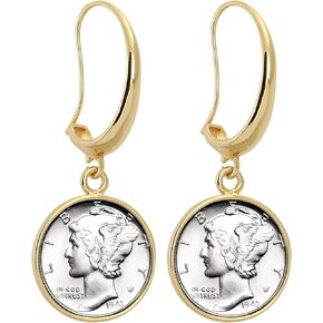 Silver Mercury Dime Gold Tone Coin Earrings
