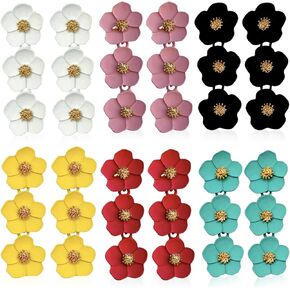 6-7 Pairs Elegant Cute Bohemian Long Flower Dangle Earrings Sets Dainty Boho Layered Floral Petal Drop Earrings Statement Matte Painted Metal Flower Stud Earring with Gold Bud for Women Girls Jewelry Gifts