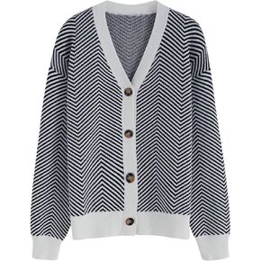 CHICWISH Women's Camel/Black Zigzag Stripe Pattern V-Neck Buttoned Knit Cardigan