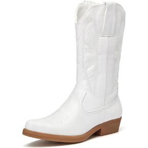 ALLOT Women's Embroidered Western Cowboy Boots Pull-On Tabs Pointed Toe Block Heel Mid Calf Cowgirl Boots