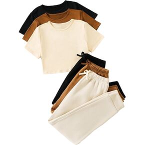 Floerns Girl's 6 Pcs Solid Short Sleeve Tee Shirt Jogger Sweatpants Outfit Set